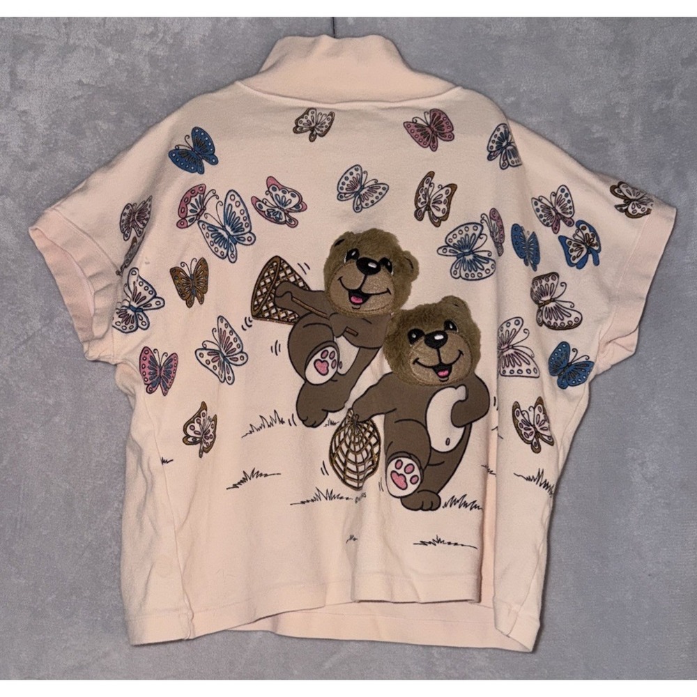 Vtg Whispers Teddy Bear Sweatshirt Small 3D Plush Butterfly Made Japan 80s